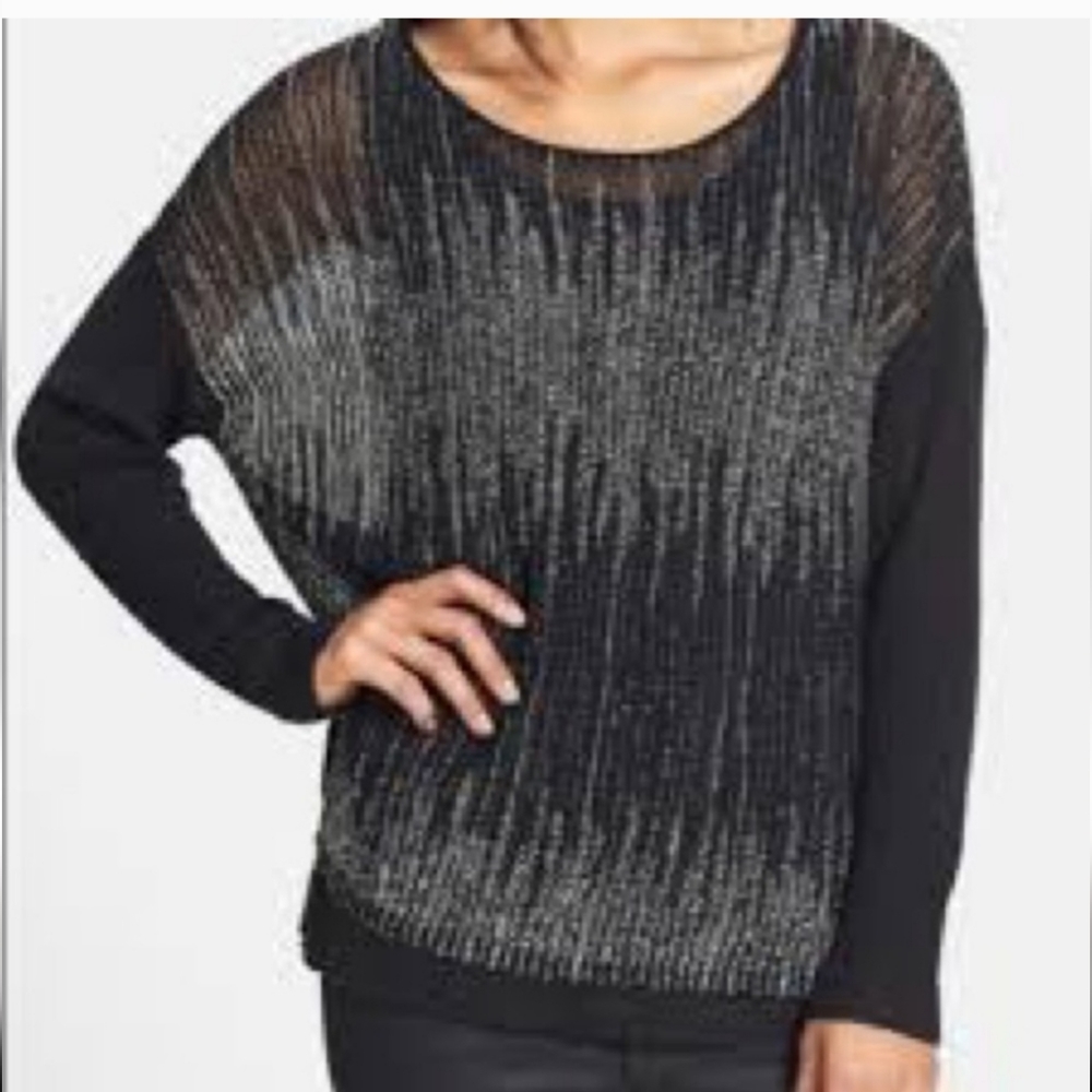 Eileen Fisher Wool Linen Blend Pullover Loose Knit Sweater Black & White Sz M